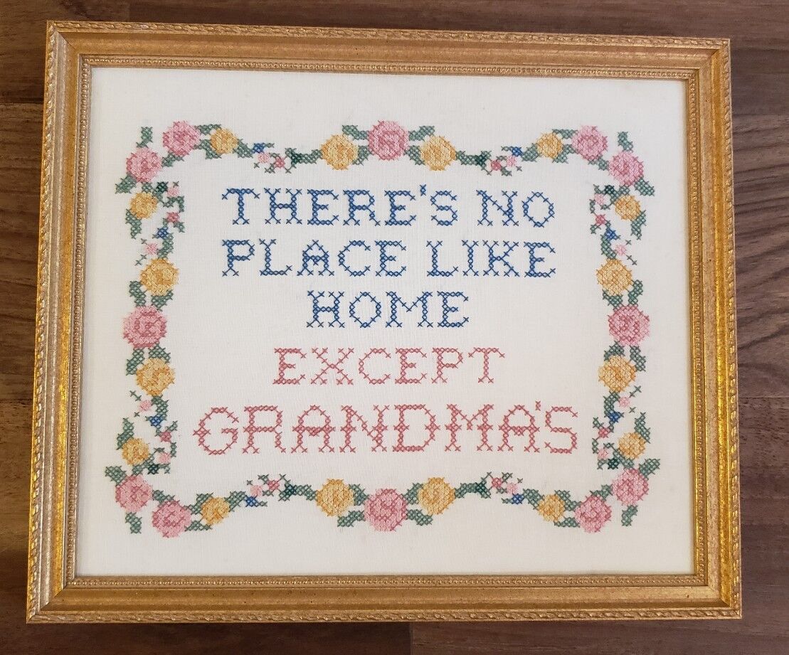Completed Cross Stitch Framed Grandma There's No Place Like Home Pastel Colors