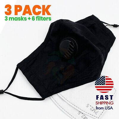 [3 Pack] Black Reusable Cotton Face Mask Cover Respirator Valve + Pm2.5 Filters
