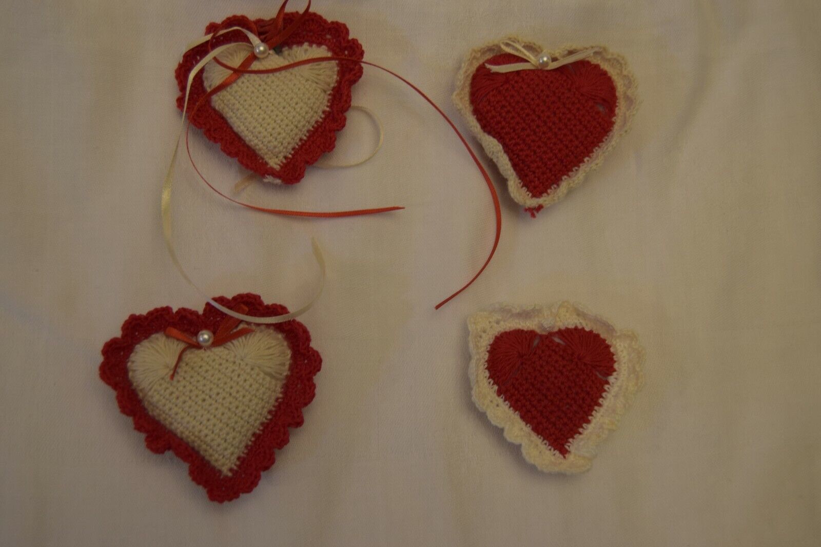 4 Red Crocheted Hearts