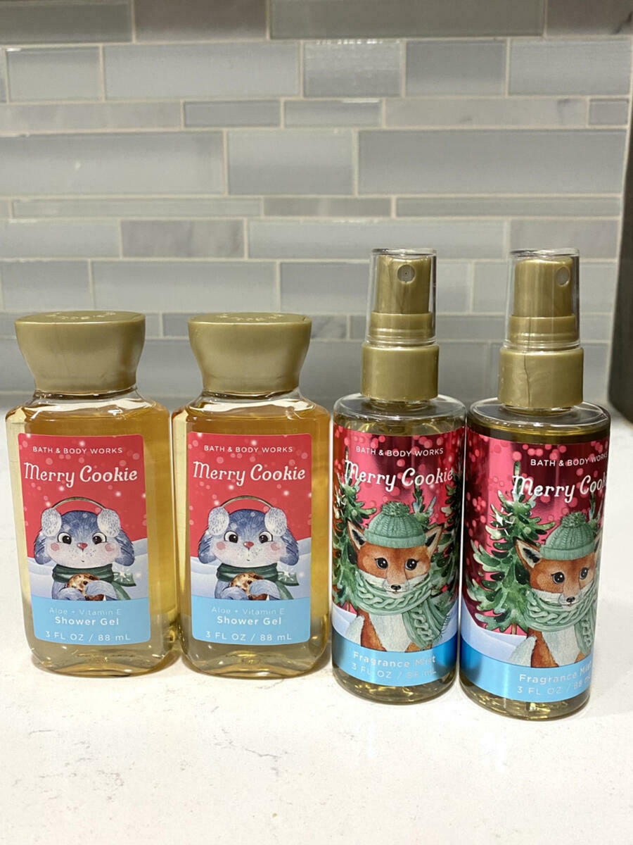 4 New Bath & Body Works Merry Cookie Shower Gel Fragrance Mist Spray Set 3 Oz