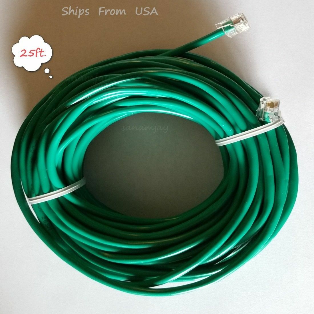 25ft. Rj11 Rj12 Green Dsl Telephone Data Cable For At$t, Centurylink, Earthlink