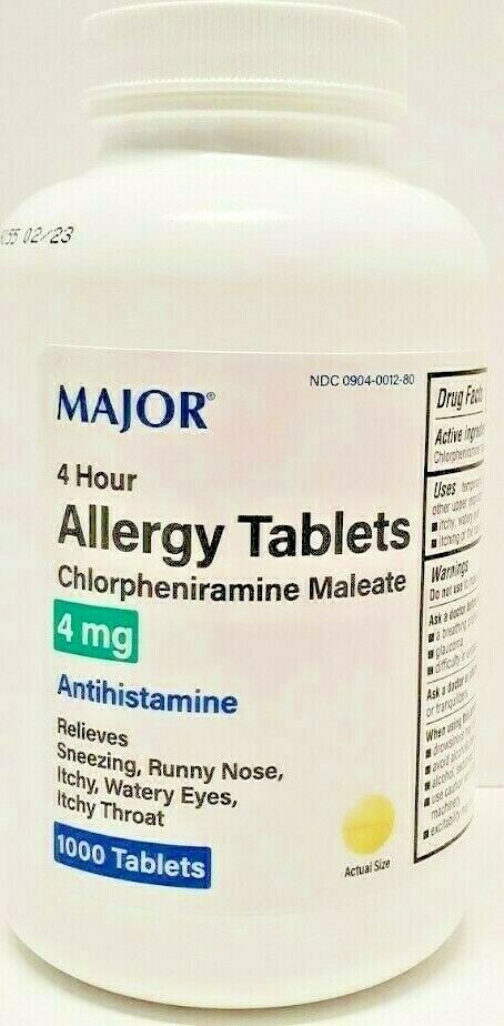 Major Chlorpheniramine 4mg Allergy Tablets 1000ct -expiration Date 02-2023