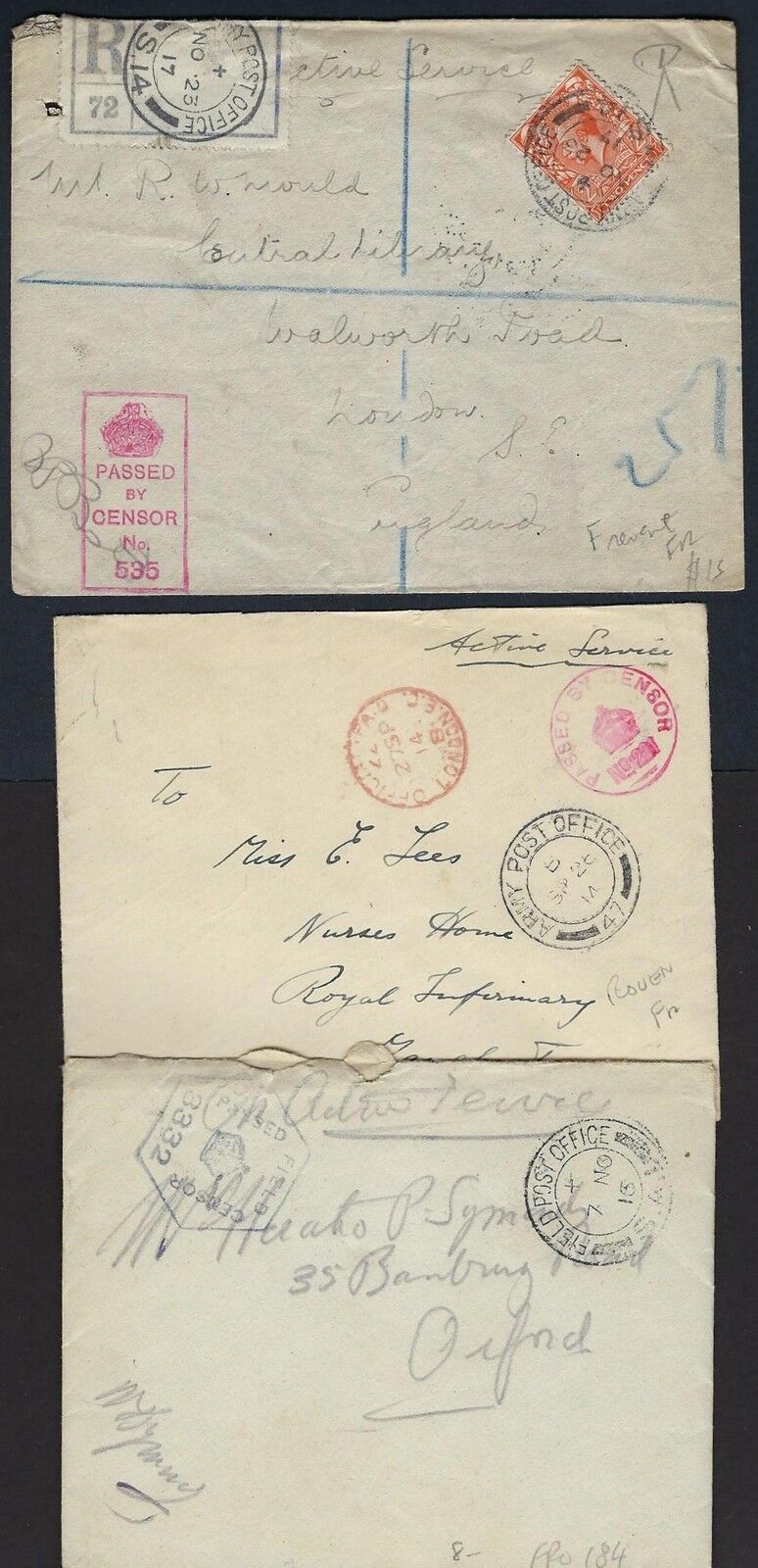 Uk Gb 1914 17 Three Fpo Censored Covers Fpo S14 Fpo 184 One From Rouen France &