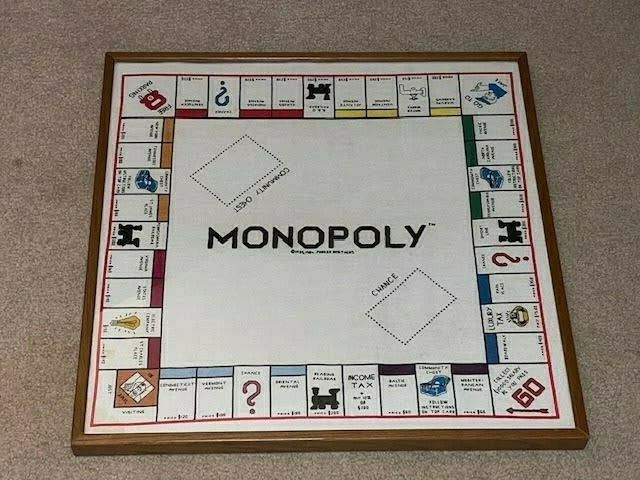 Vintage Framed Handmade Cross Stitch Monopoly Game Board Finished Wall Art Rare!