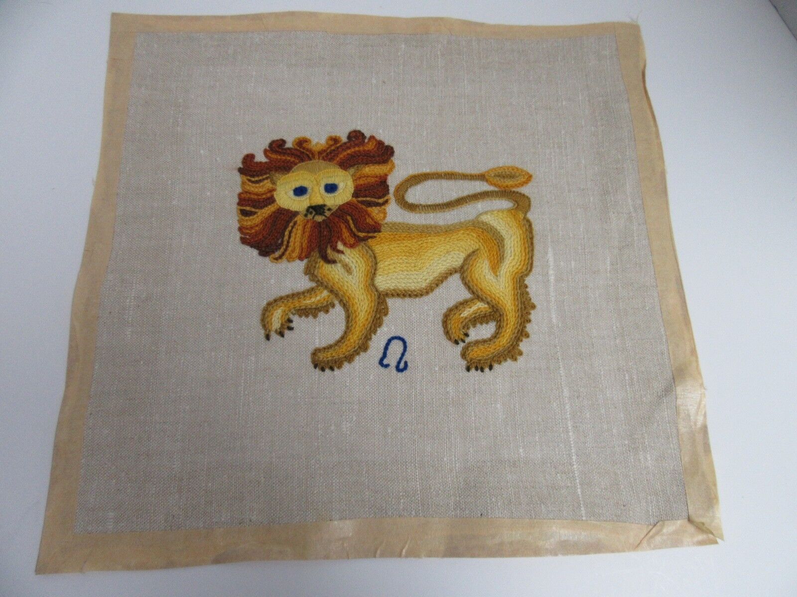 Finished Crewel Embroidery Zodiac Sign Leo Lion Asian Completed Big Cat 16 Inch