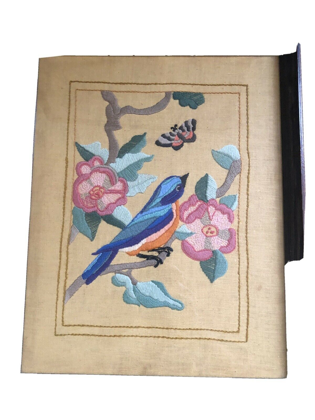 Vintage Bird And Flowers Embroidery. Framed