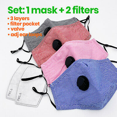 Black| Blue| Red| Pink Reusable Cotton Face Mask Cover Respirator Valve +filters