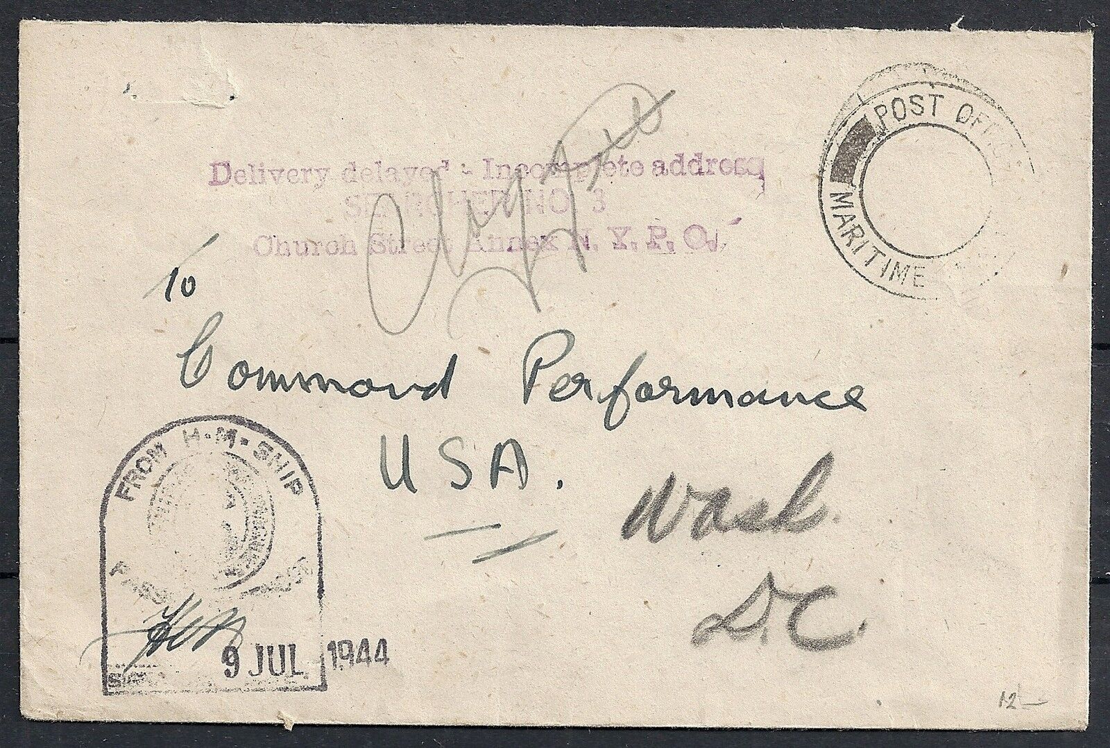 Great Britain 1944 Cover Hm Ship  Delivery Delayed Etc