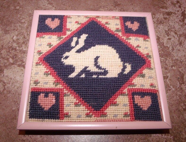 Framed Needlepoint Rabbit And Hearts 6" X 6"