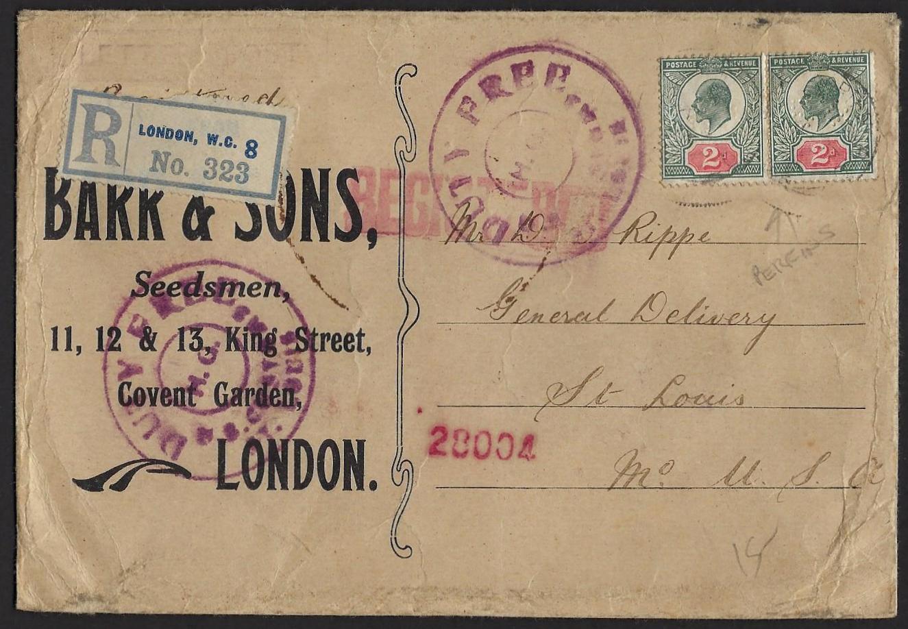 Uk Gb 1912 Us Duty Free Registered London To St Louis Franked Pair 2d K Edward