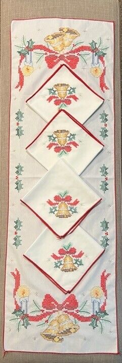 Vintage Completed Cross Stitch Bells & Candles Table Runner 14"x42" & 4 Napkins