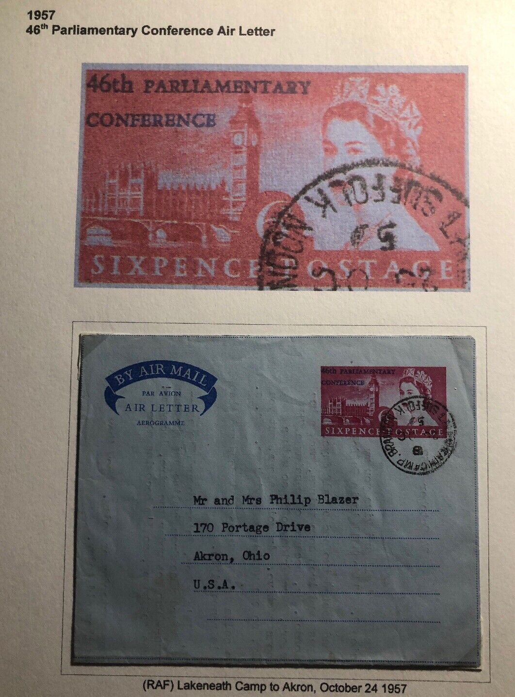 1957 Lakeneath Camp England Air Letter Cover To Akron Usa Parliamentary Conferen