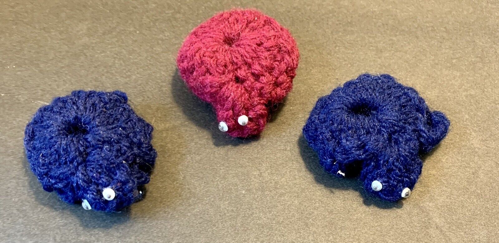 Cute Three (3) Vintage Homemade Crochet Turtles, Navy And Cranberry Colors