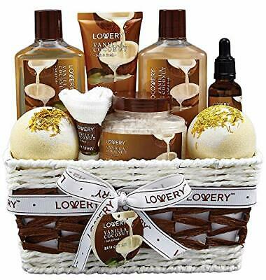 Bath And Body Gift Basket For Women & Men - 9 Piece Spa Set Of Vanilla Coconut