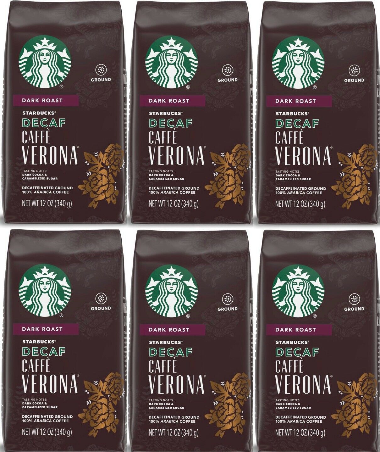 Starbucks 6-pack Decaf Caffe Verona Dark Roast Ground Coffee Best Before 7/21