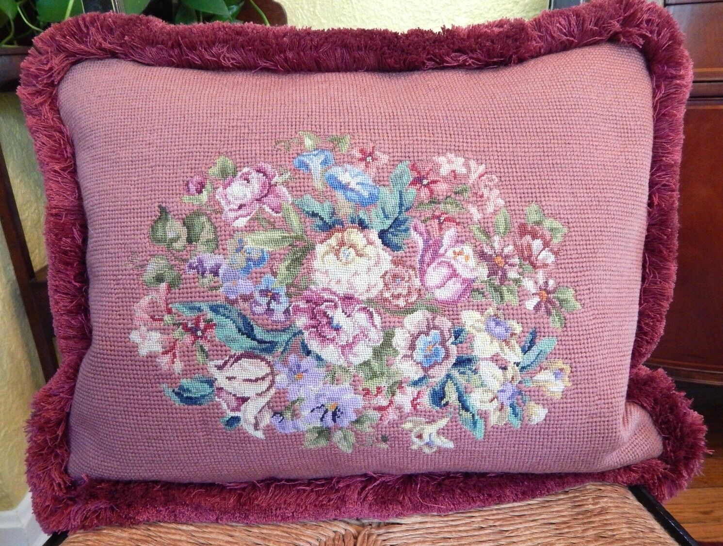 Hand Made Dusty Rose Petit Point Floral Needlepoint Pillow Feather Insert
