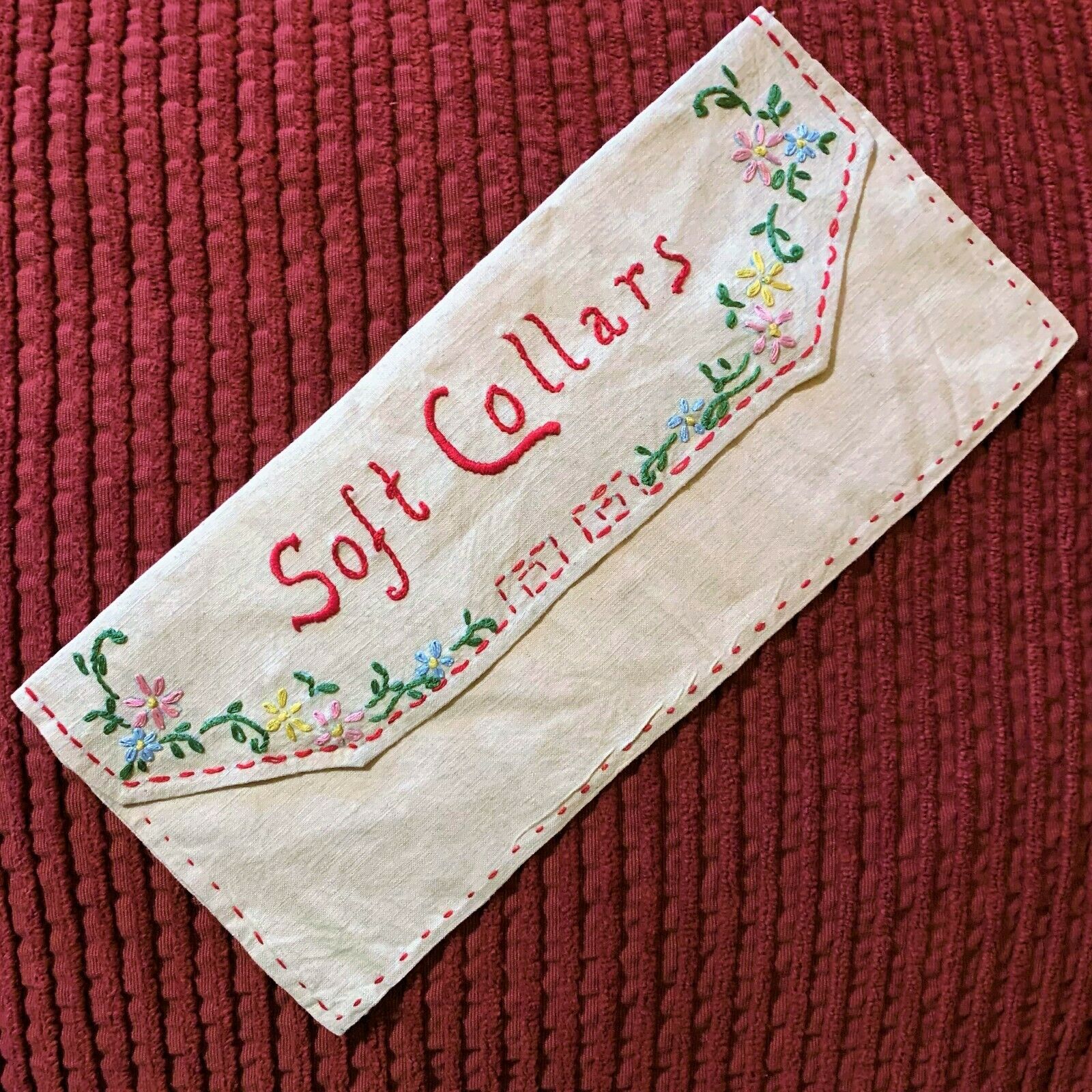 Handmade Vtg Embroidered Linen Soft Collars Envelope Snap Closure Pocket Antique