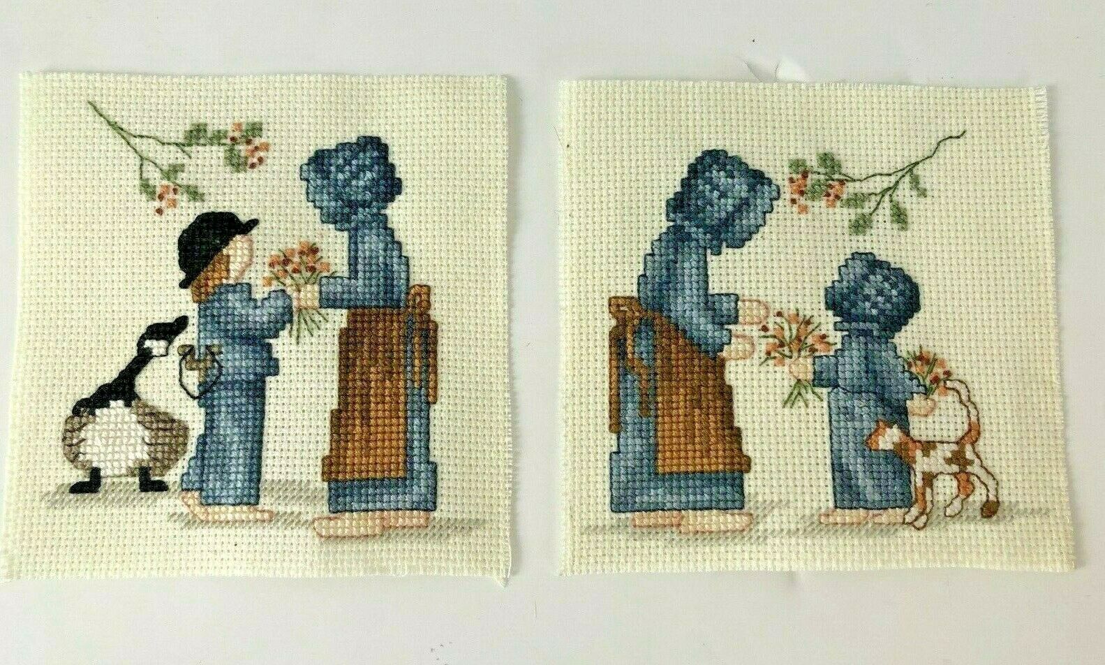 Vintage Pilgrim Boy & Girls Completed Cross Stitch Set Of 2 4x4